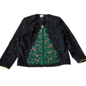 Vintage Jenna Christmas Tree Cardigan Sweater Embroidered Beaded Zip 14 NWT